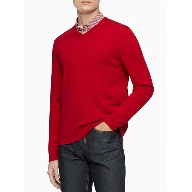 Men's puffed sleeve sweater-Calvin Klein Men's Merino Wool V-Neck Sweater Red Size Extra Small - X-Small