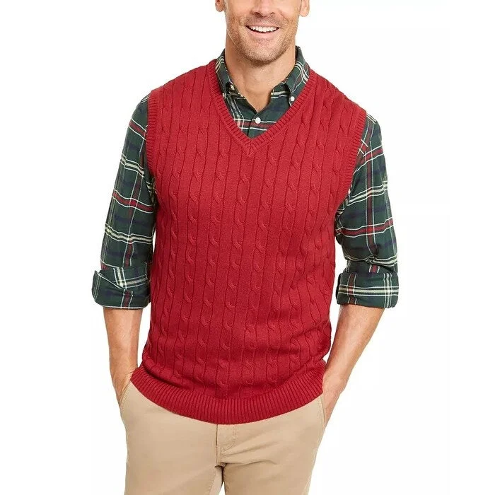 Men's plush sweater-Club Room Men's Cable Knit Cotton Sweater Vest Red Size X-Large