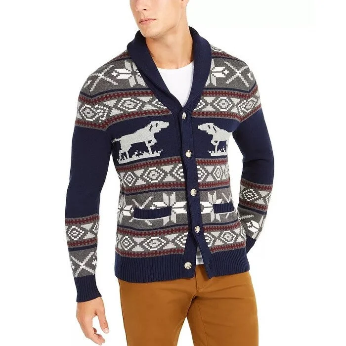 Men's foehn sweater-Club Room Men's Regular Fit Pointing Dog Geometric Cardigan Sweater Blue Size Medium