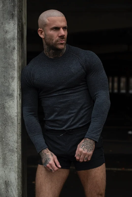 Men’s short-sleeve peak polos-Father Sons Long sleeve Charcoal crew gym top with Raglan sleeve detail - FSM025