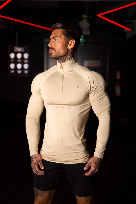 Men’s short-sleeve nook shirts-Father Sons Long Sleeve Beige / Gold Half Zip Gym Top - FSH892