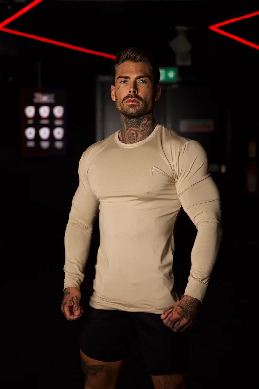 Men’s short-sleeve yoke polos-Father Sons Long Sleeve Beige Tonal Gym Crew Top - FSH886