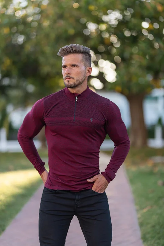 Men’s short-sleeve arbor tops-Father Sons Long sleeve Burgundy / Black half zip gym top - FSM030