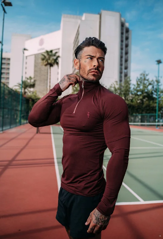 Men’s short-sleeve luff shirts-Father Sons Long Sleeve Burgundy Half Zip Gym Top - FSH733