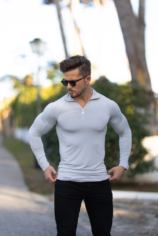 Men’s short-sleeve ember tees-Father Sons Long Sleeve Stone Grey Half Zip Gym Top - FSH692