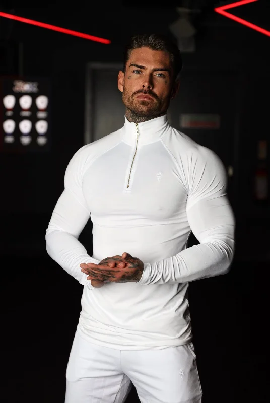 Men’s short-sleeve dell tees-Father Sons Long Sleeve White / Silver Half Zip Gym Top - FSH888