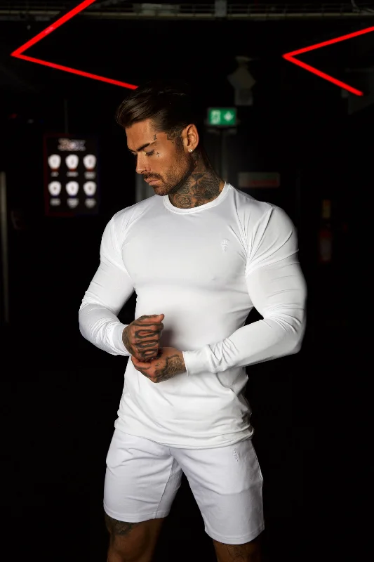 Men’s short-sleeve vent shirts-Father Sons Long Sleeve White Tonal Gym Crew Top - FSH885