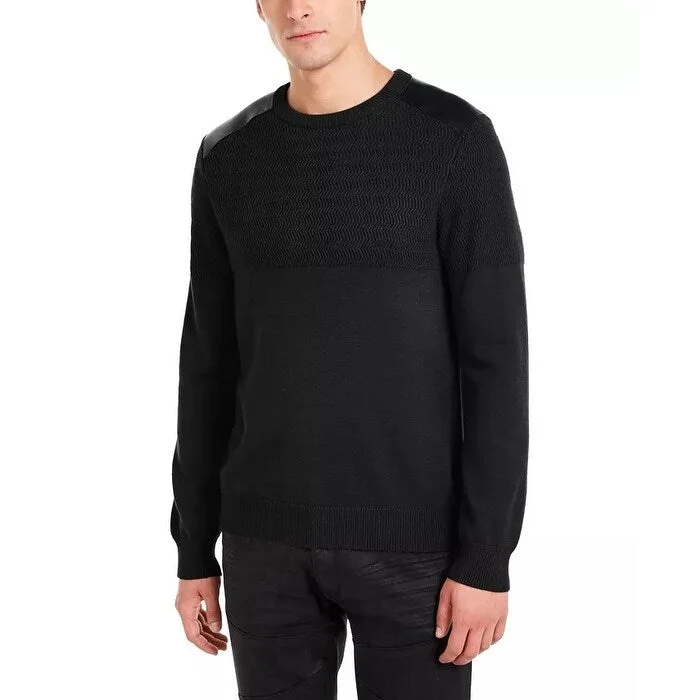 Men's shoal sweater-Guess Men's Herringbone Sweater With Faux Leather Piecing Black Size Medium