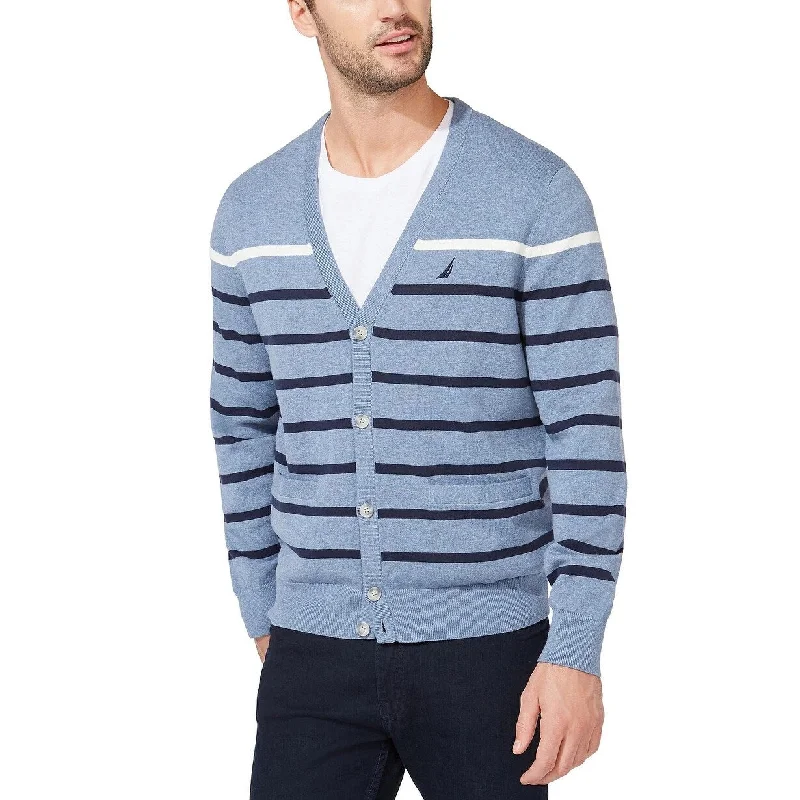 Men's tide blue sweater-Nautica Men's Striped V-Neck Button Cardigan Dark Blue Size Large