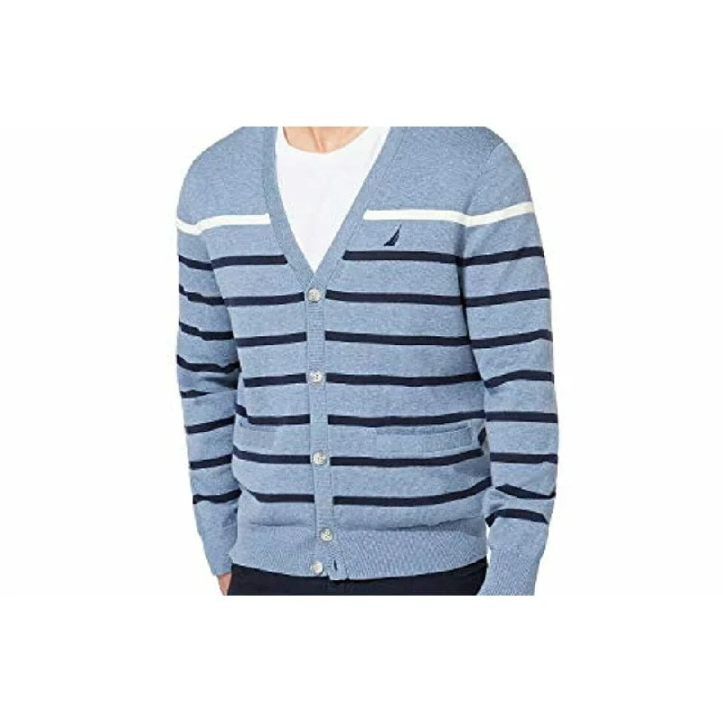 Men's pewter sweater-Nautica Men's Striped V-Neck Button Cardigan Turq Size Extra Large - XL