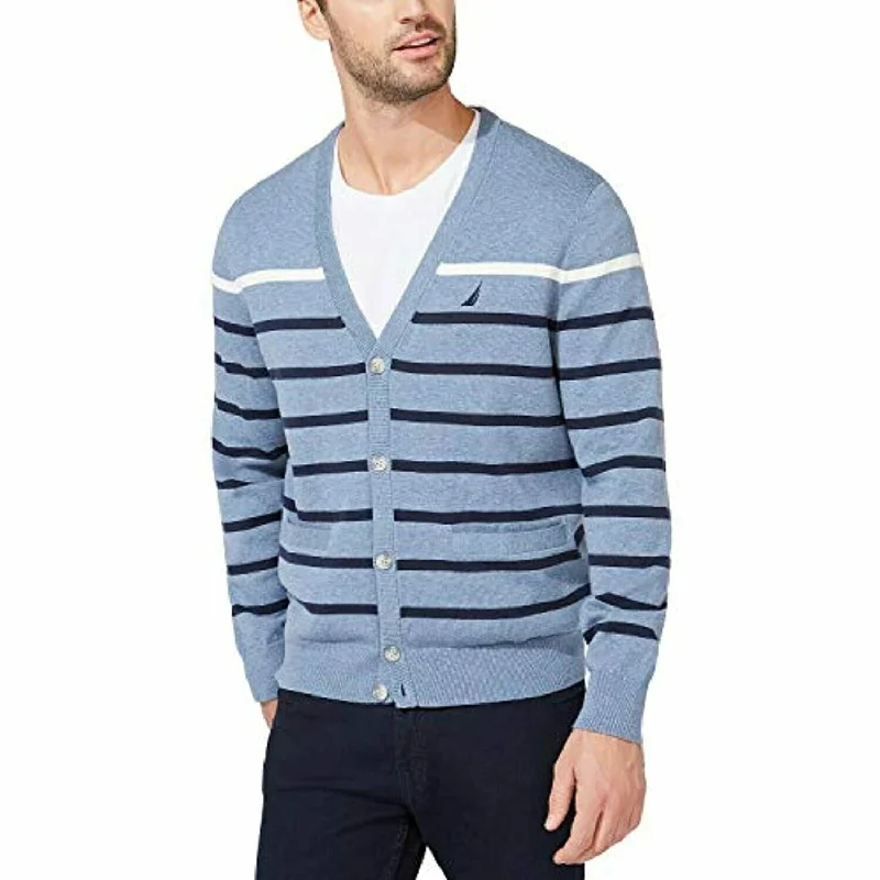 Men's zero-waste sweater-Nautica Men's Striped V-Neck Button Cardigan Turq Size XX Large