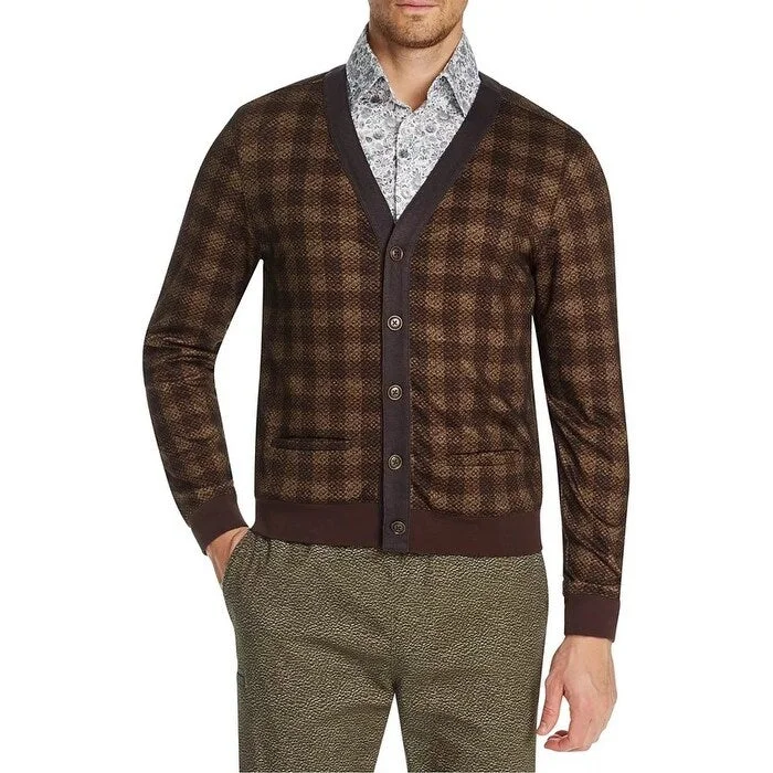 Men's caravanserai sweater-Tallia Men's Slim-Fit Stretch Plaid Cardigan Brown Size Medium