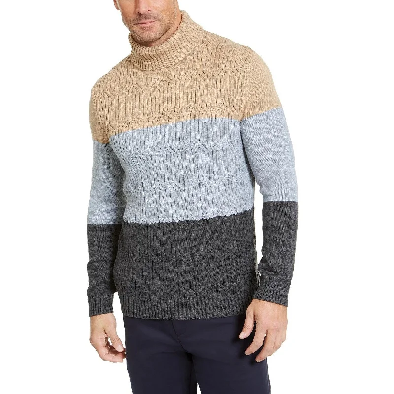 Men's tailor sweater-Tasso Elba Men's Chunky Cable Knit Colorblocked Turtleneck Sweater Grey Size X-Large