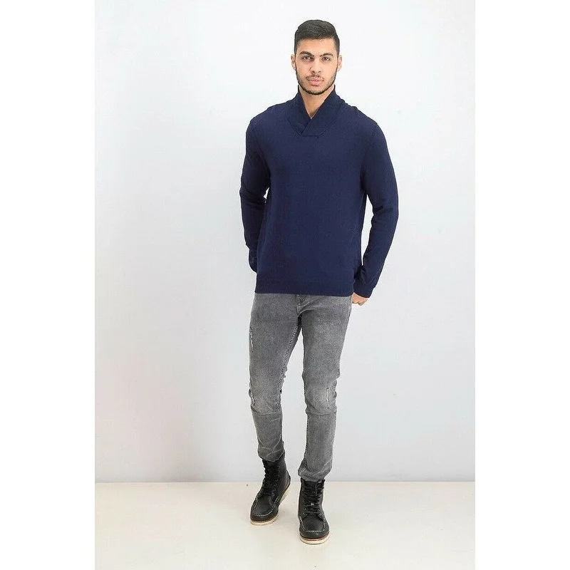 Men's corkscrew sweater-Tasso Elba Men's Contrast Shawl-Collar Supima Cotton Sweater Dark Blue Size X-Large