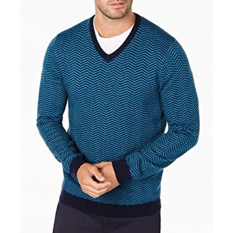 Men's hadron sweater-Tasso Elba Men's Merino Wool Blend V-Neck Herringbone Sweater Dark Blue Size Extra Large - X-Large