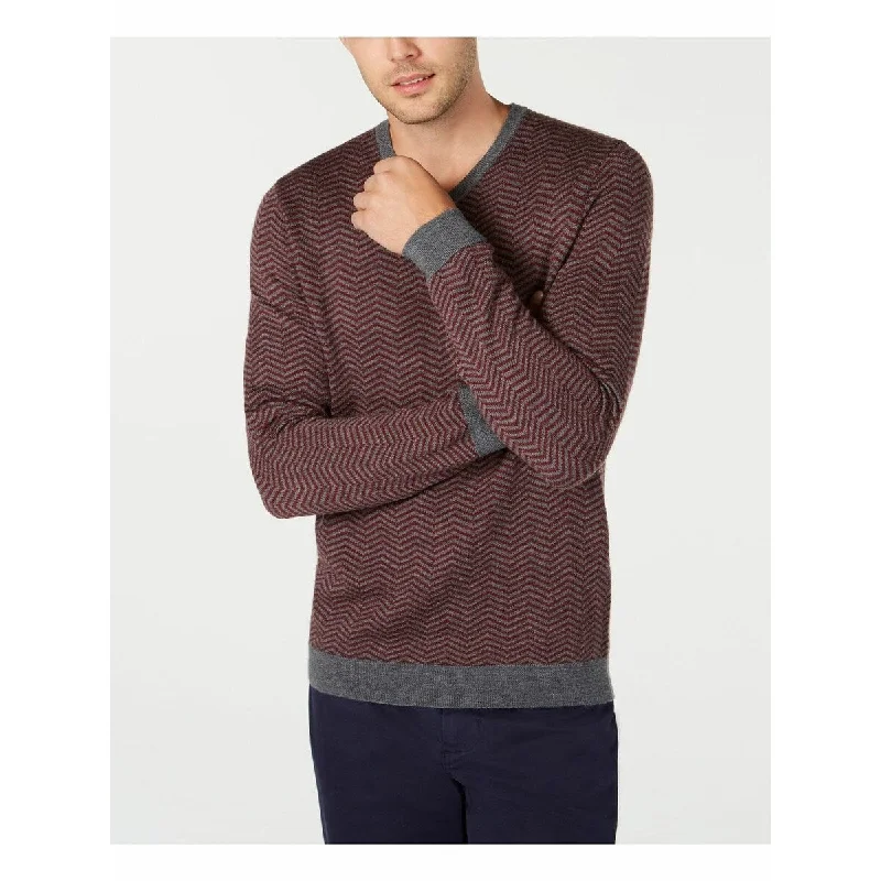 Men's rambler sweater-Tasso Elba Men's Merino Wool Blend V-Neck Herringbone Sweater Wine Size Small