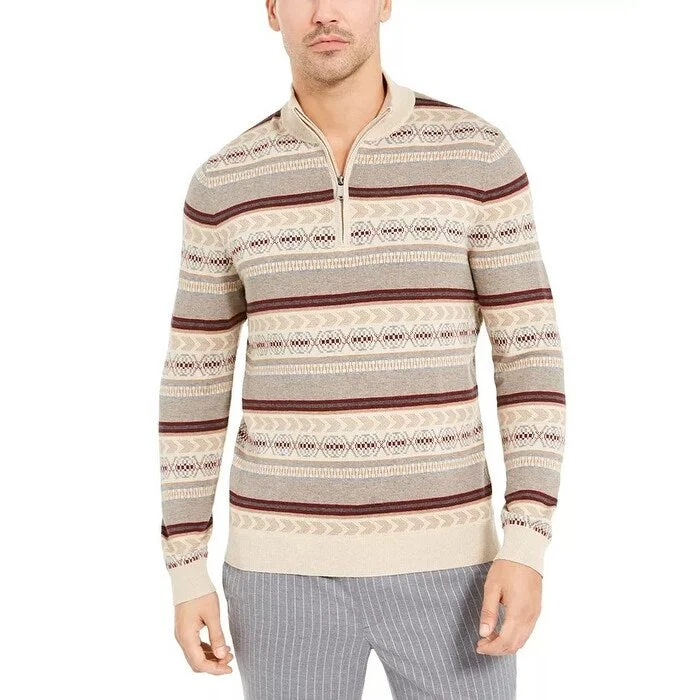 Men's nomad knit sweater-Tasso Elba Men's Striped Quarter Zip Sweater Beige khaki Size XX-Large