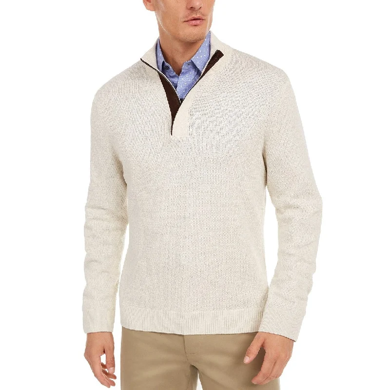 Men's breaker sweater-Tasso Elba Men's Supima Cotton Textured 1/4-Zip Sweater Lt Beige Size XX-Large