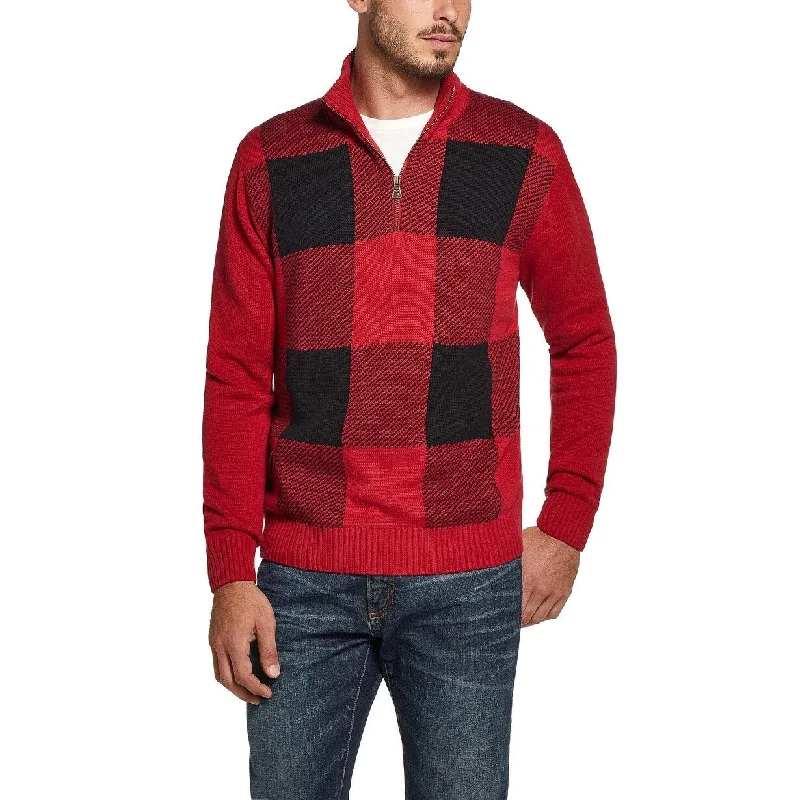 Men's sauna sweater-Weatherproof Vintage Men's Quarter Zip Buffalo Plaid Sweater Red Size Medium