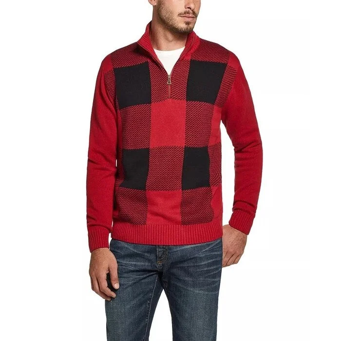 Men's rambler sweater-Weatherproof Vintage Men's Quarter Zip Buffalo Plaid Sweater Red Size XX-Large