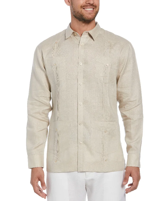 Men’s short-sleeve inlet tees-100% Linen Classic Guayabera Shirt - Long Sleeve - Tan