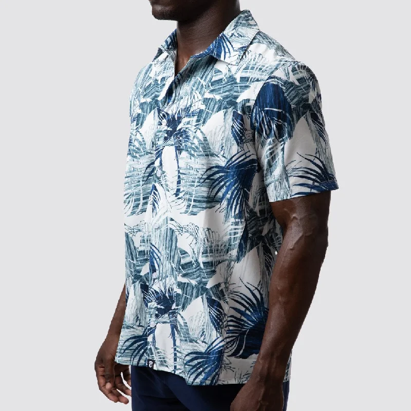 Men’s short-sleeve grove shirts-Voyager Button Up (White Palm Trees)