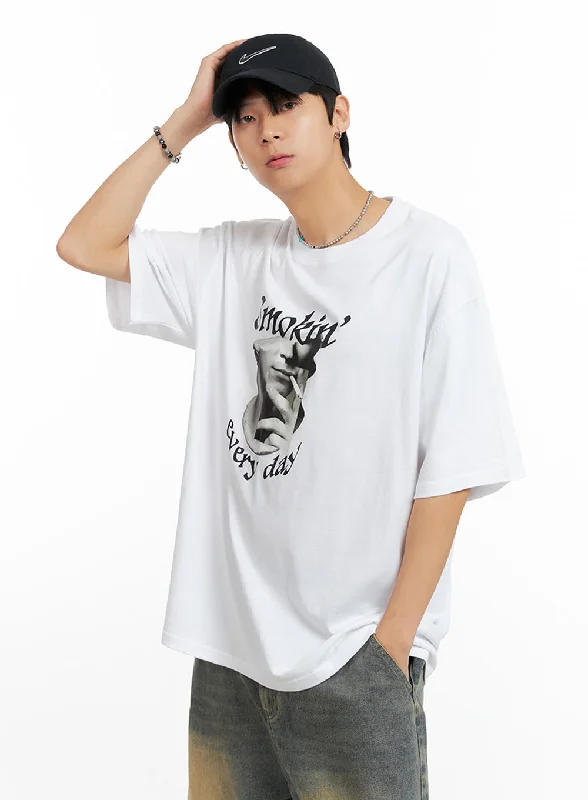 Men’s short-sleeve cliff tops-Men's Cotton Graphic Oversize T-Shirt (White) IG402