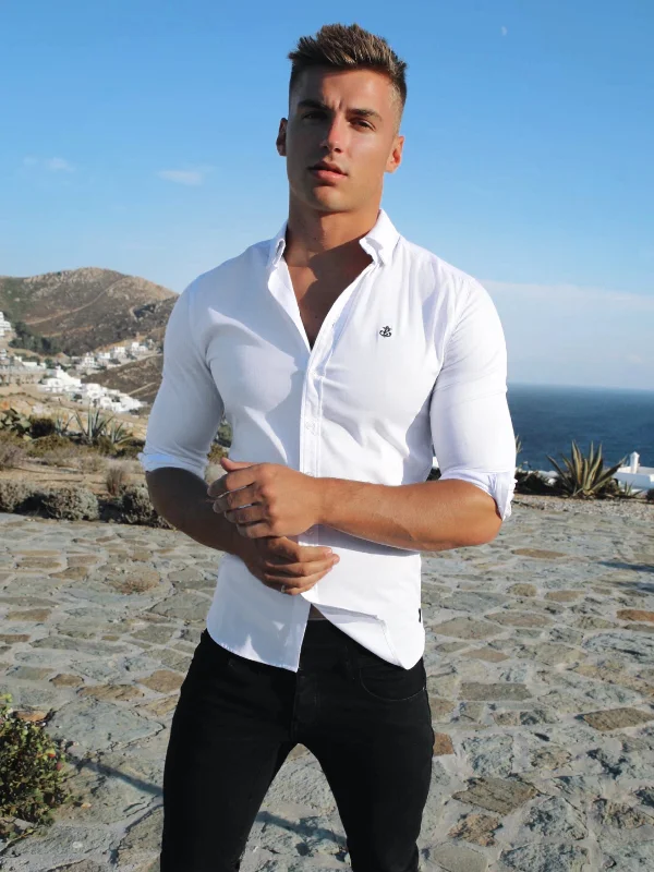 Men's elegant angled-cuff shirts-Caspian Long Sleeve Shirt - White