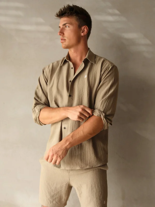 Men's relaxed ottoman-rib shirts-Salvatore Long Sleeve Shirt - Tan