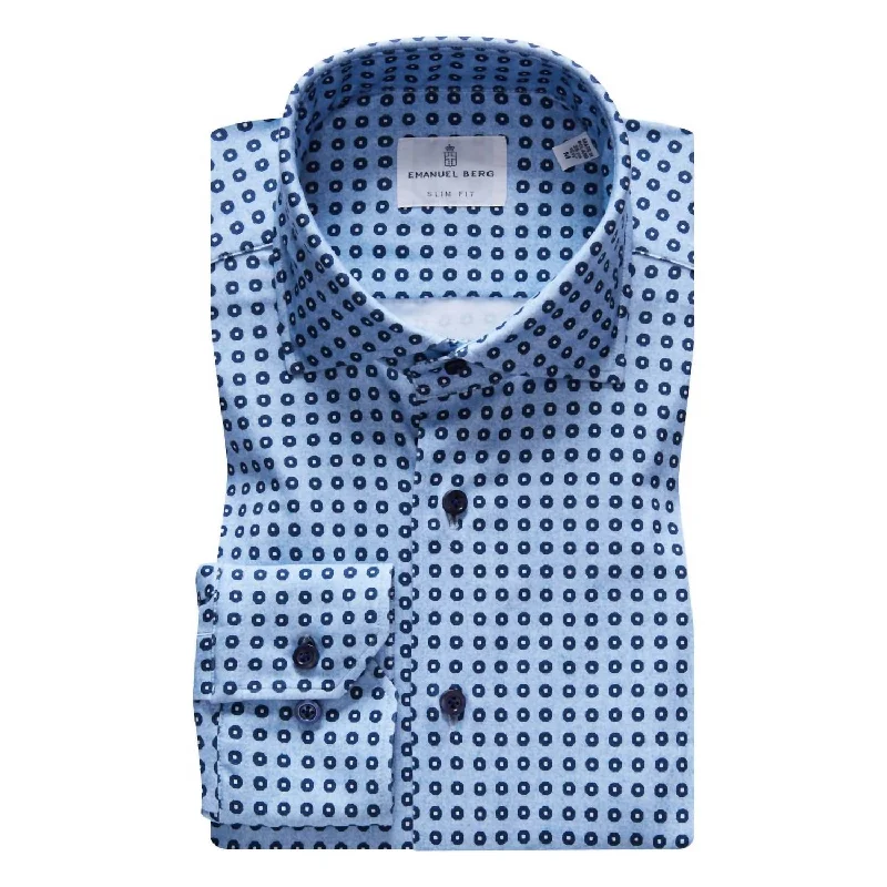 Men's subtle micro-mosaic shirts-Byron 4Flex Jersey Cotton Shirt In Blue Geometric