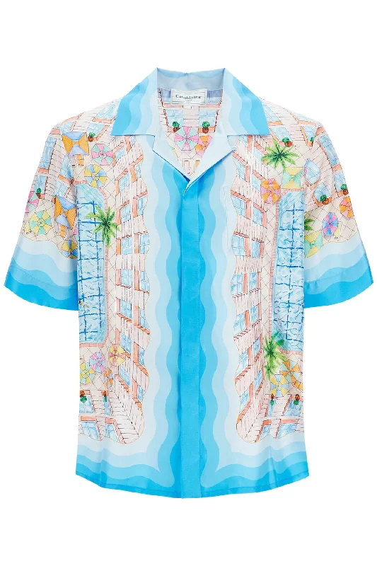 Men's bold echo-print shirts-Casablanca Men's Short-Sleeved Silk Shirt