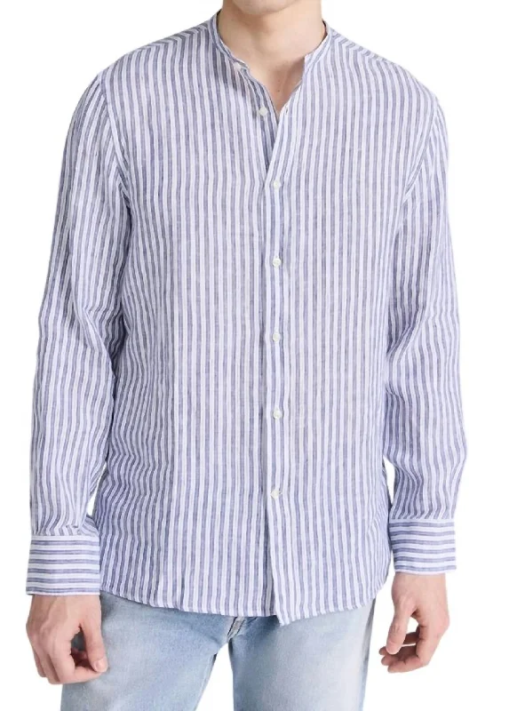 Men's bold warp-print shirts-Gaston Italian Linen Stripe Shirt In Dark Navy-White