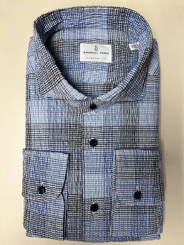 Men's casual heather-knit shirts-Marselie Crinkle Shirt In Blue Plaid