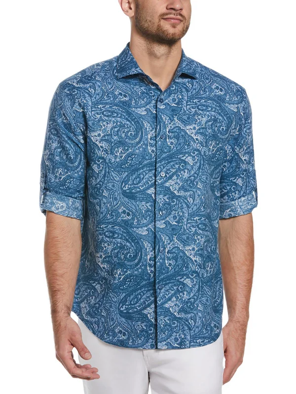 Men's sleek organza shirts-Mens Paisley Linen Button-Down Shirt