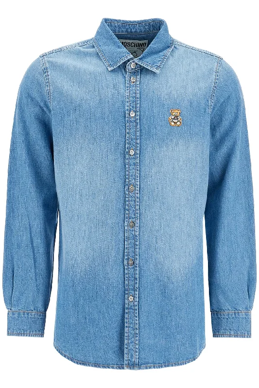 Men's relaxed whipstitch shirts-Moschino Men's blue Shirt With Patch Details