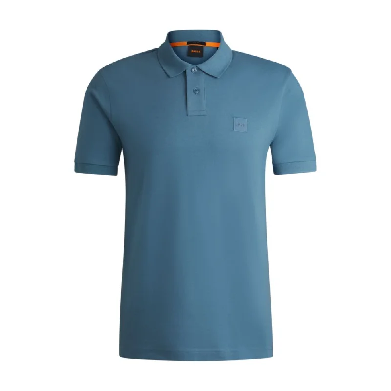 Men’s short-sleeve willow shirts-Stretch-cotton slim-fit polo shirt with logo patch