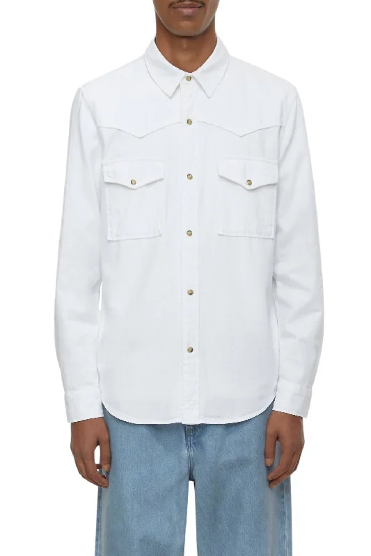 Men's stylish ruffle-front shirts-Western Button Down Shirt In White