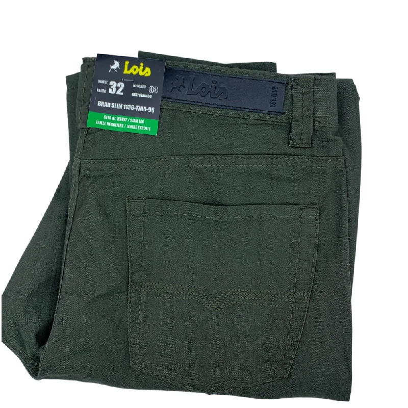 Men's ebony black linen pants-Lois Brad Slim Casual Pant Olive  - 1136-7700-96 Olive