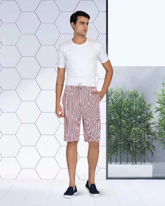 Men's outlet special pants-Rose Red White Bengal Stripes Seersucker Shorts